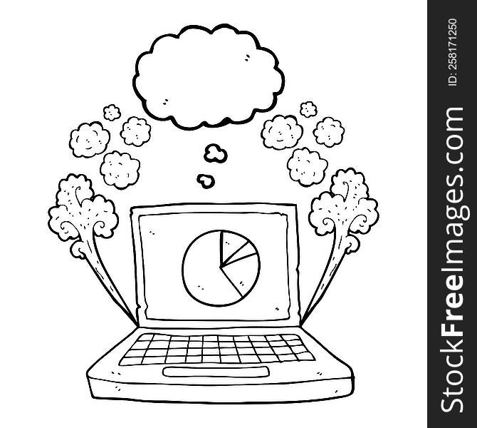 freehand drawn thought bubble cartoon laptop computer with pie chart