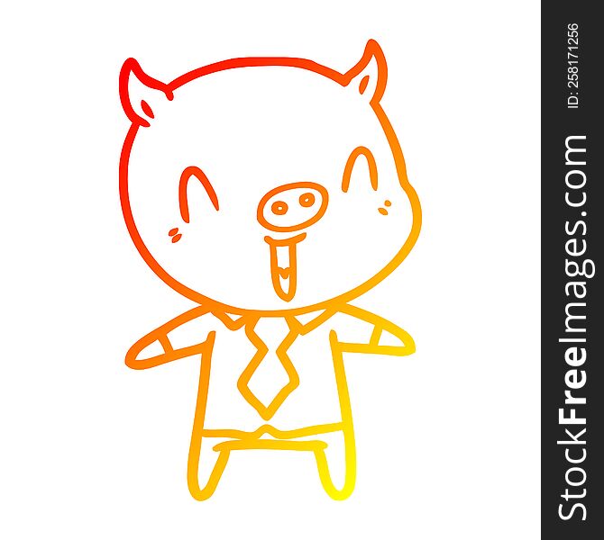 warm gradient line drawing of a happy cartoon pig wearing shirt and tie