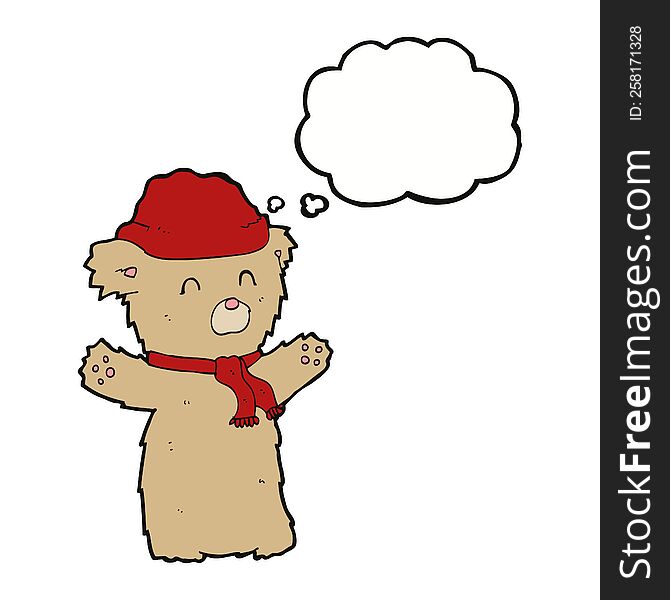 Cartoon Teddy Bear In Hat And Scarf With Thought Bubble
