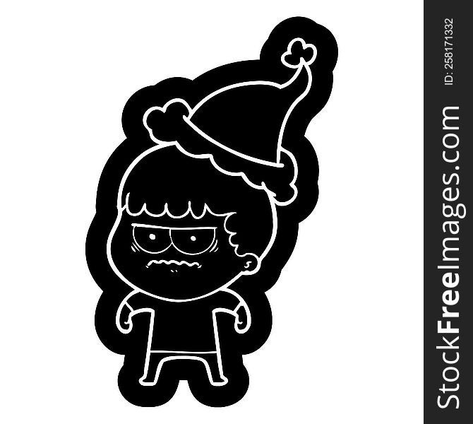 quirky cartoon icon of a annoyed man wearing santa hat