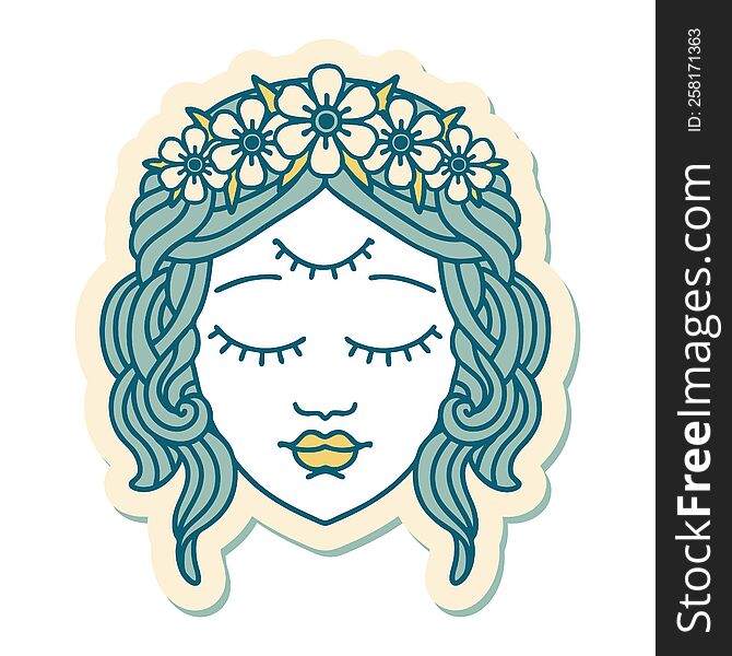 sticker of tattoo in traditional style of female face with third eye. sticker of tattoo in traditional style of female face with third eye