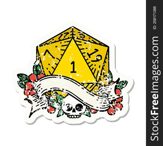 natural one d20 dice roll grunge sticker