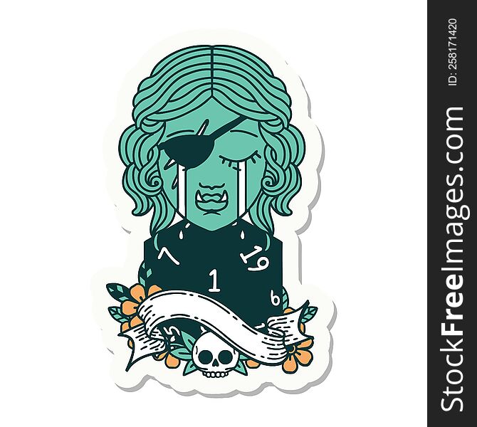 sticker of a crying orc rogue character face with natural one D20 roll. sticker of a crying orc rogue character face with natural one D20 roll