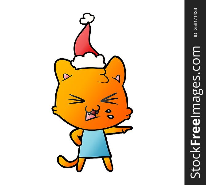 Gradient Cartoon Of A Hissing Cat Wearing Santa Hat