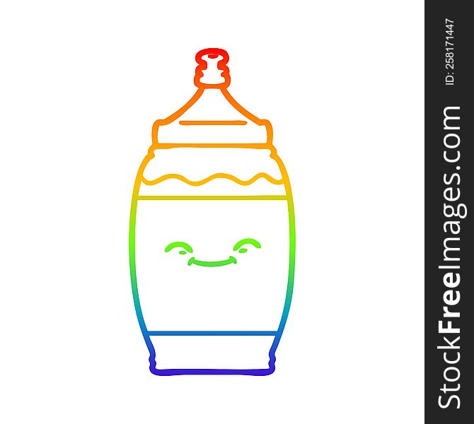 rainbow gradient line drawing of a cartoon happy water bottle