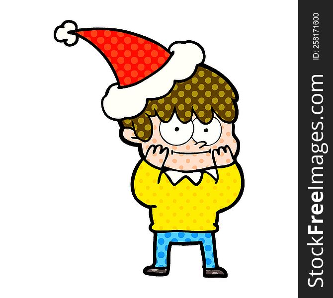 Happy Comic Book Style Illustration Of A Man Wearing Santa Hat