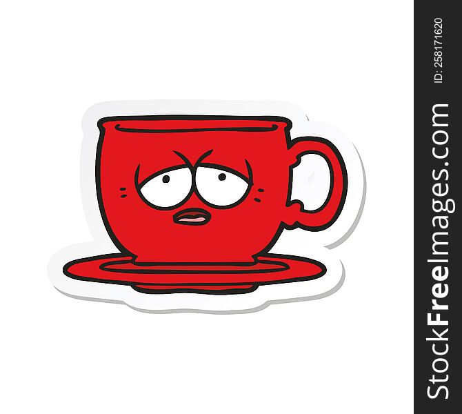 sticker of a cartoon tired tea cup