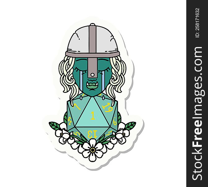 sticker of a crying orc fighter character with natural one D20 roll. sticker of a crying orc fighter character with natural one D20 roll