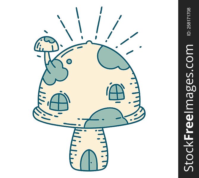 illustration of a traditional tattoo style toadstool house