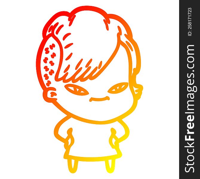 Warm Gradient Line Drawing Cute Cartoon Girl With Hipster Haircut