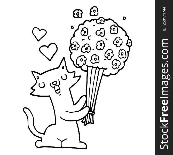 cartoon cat in love with flowers