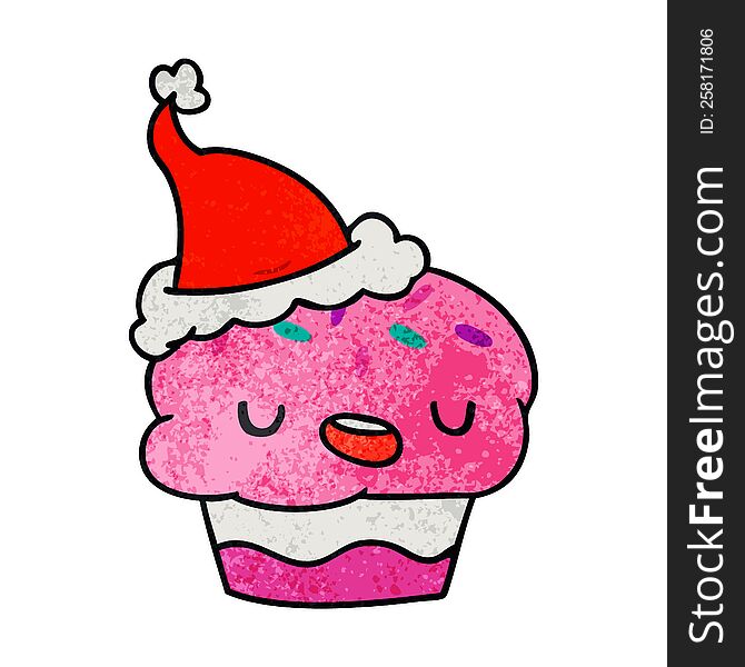hand drawn christmas textured cartoon of kawaii cupcake