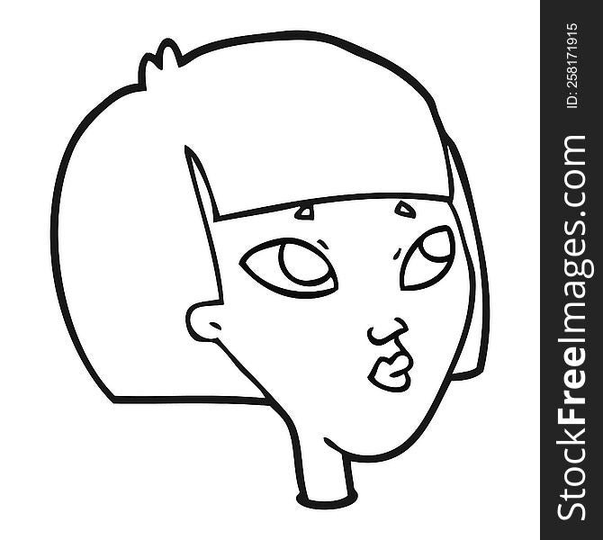 freehand drawn black and white cartoon female face