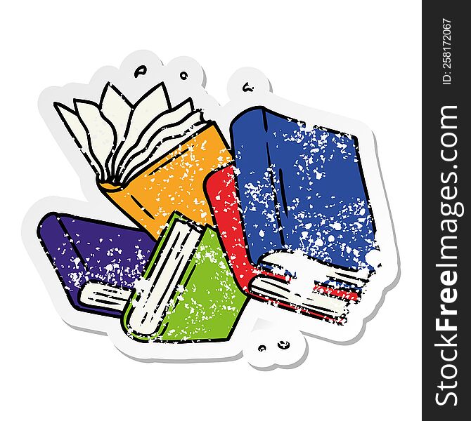 hand drawn distressed sticker cartoon doodle of a collection of books