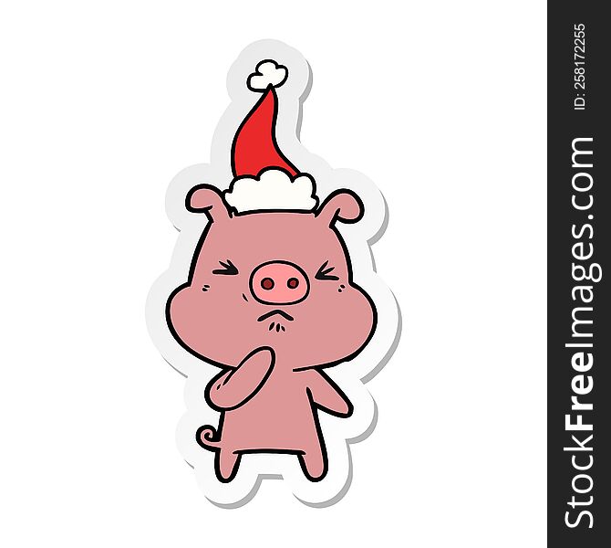 Sticker Cartoon Of A Angry Pig Wearing Santa Hat
