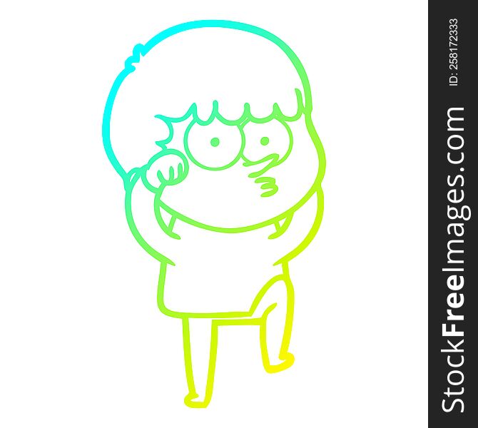 cold gradient line drawing of a cartoon curious boy rubbing eyes in disbelief