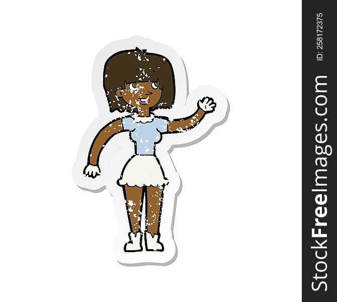 Retro Distressed Sticker Of A Cartoon Girl Waving