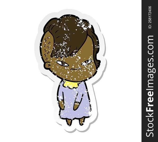 Distressed Sticker Of A Cute Cartoon Girl With Hipster Haircut