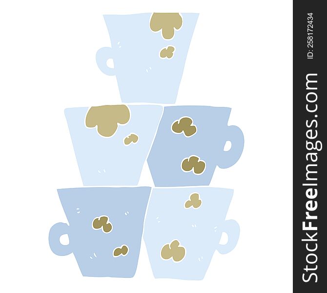 flat color illustration of a cartoon stack of dirty coffee cups