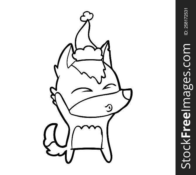 hand drawn line drawing of a wolf whistling wearing santa hat