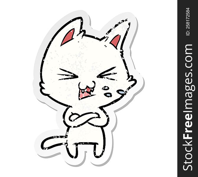 Distressed Sticker Of A Cartoon Cat With Crossed Arms