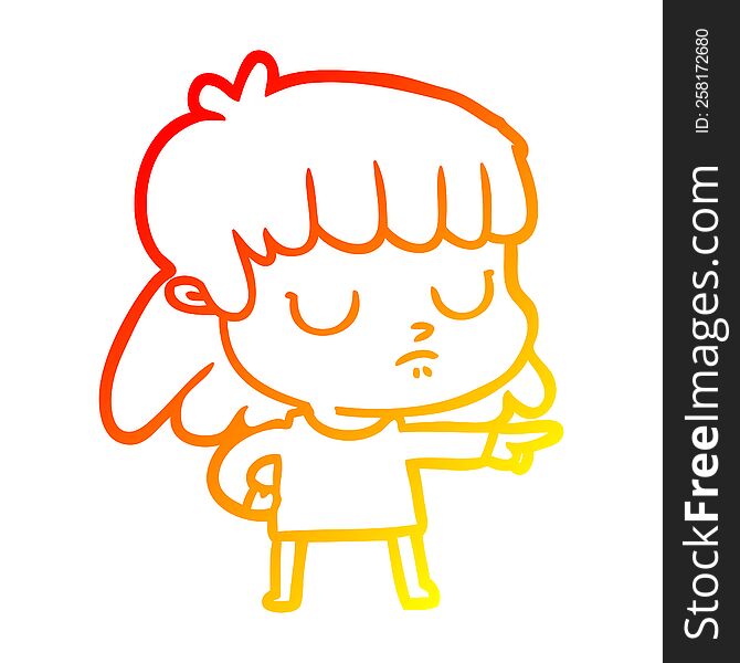 warm gradient line drawing of a cartoon indifferent woman;pointing