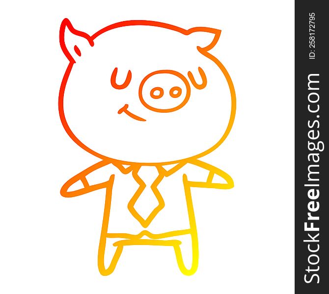 warm gradient line drawing of a happy cartoon smart pig