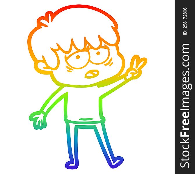rainbow gradient line drawing of a cartoon exhausted boy