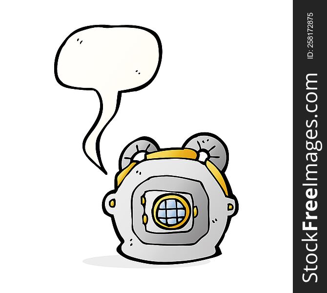 cartoon old deep sea diver helmet with speech bubble