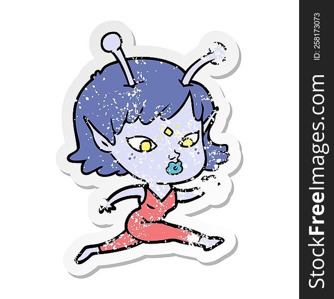 distressed sticker of a pretty cartoon alien girl running