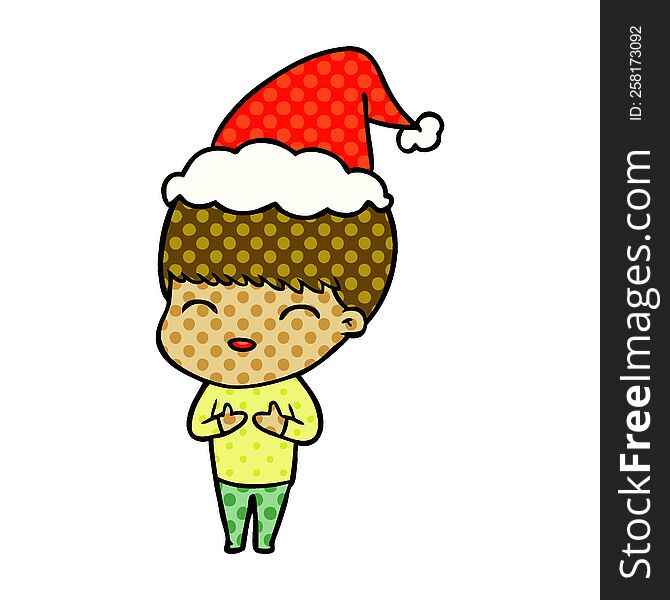 Happy Comic Book Style Illustration Of A Boy Wearing Santa Hat