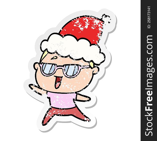 hand drawn distressed sticker cartoon of a happy woman wearing spectacles wearing santa hat