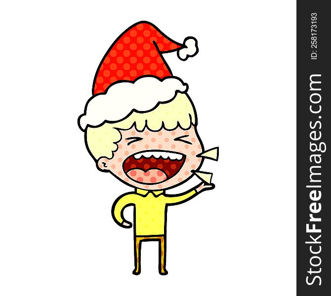 hand drawn comic book style illustration of a laughing man wearing santa hat