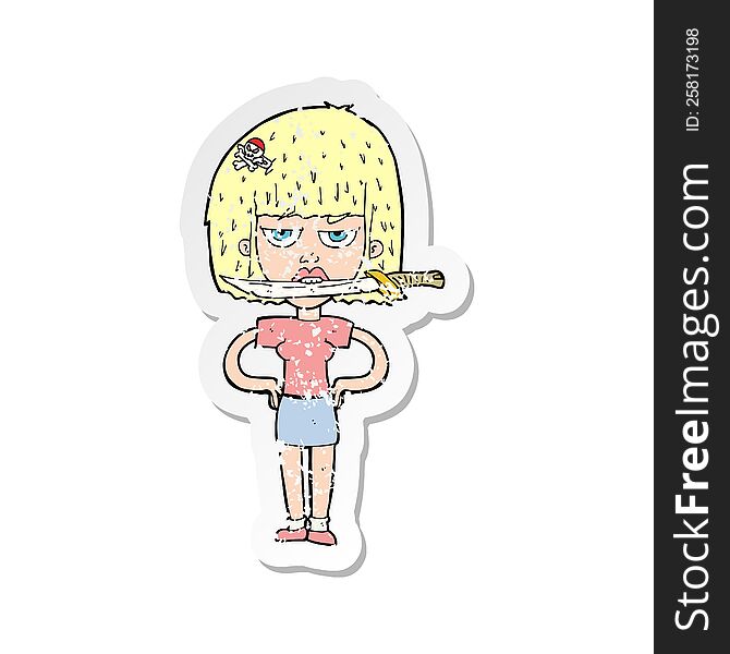 retro distressed sticker of a cartoon woman with knife between teeth