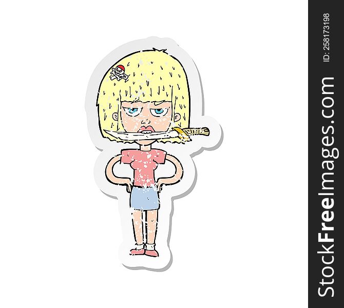 Retro Distressed Sticker Of A Cartoon Woman With Knife Between Teeth