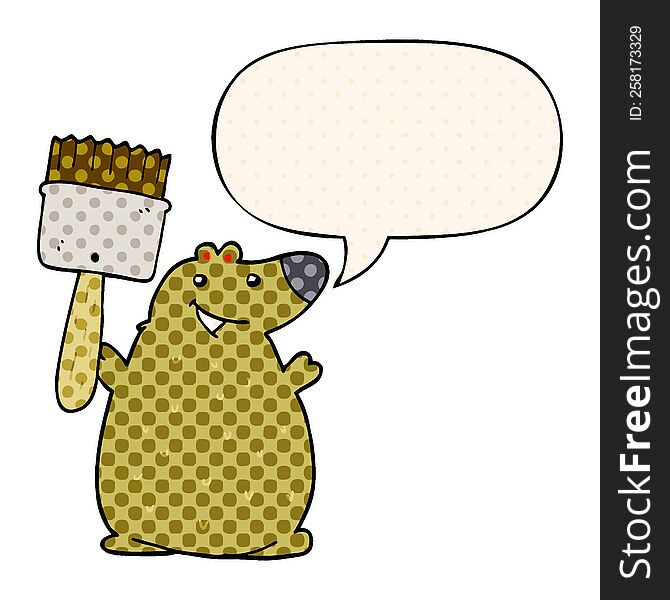 Cartoon Bear And Paint Brush And Speech Bubble In Comic Book Style