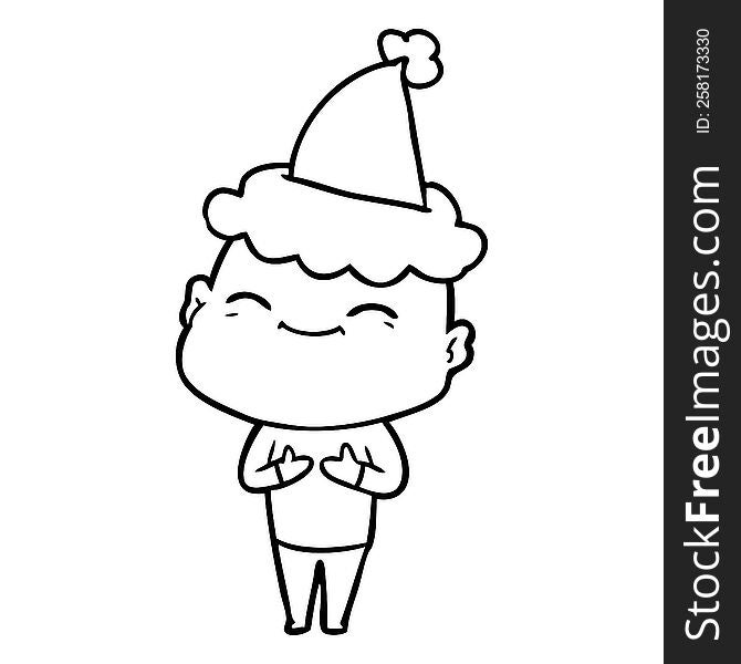 happy hand drawn line drawing of a bald man wearing santa hat. happy hand drawn line drawing of a bald man wearing santa hat
