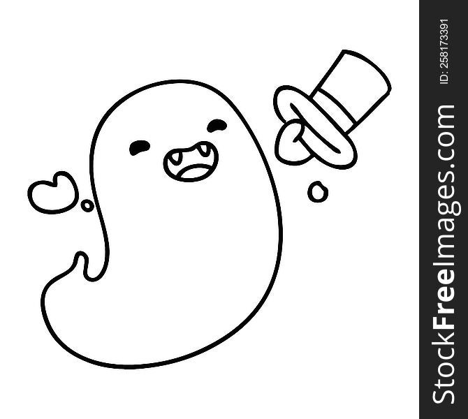 line doodle of a happy halloween ghost with top hat