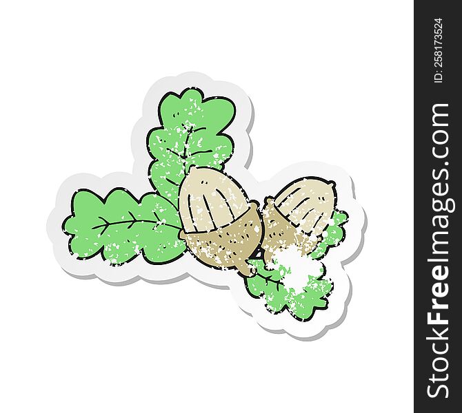 Retro Distressed Sticker Of A Cartoon Acorns And Leaves