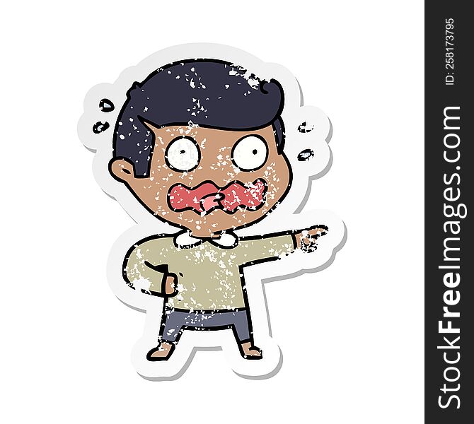 distressed sticker of a cartoon stressed out pointing