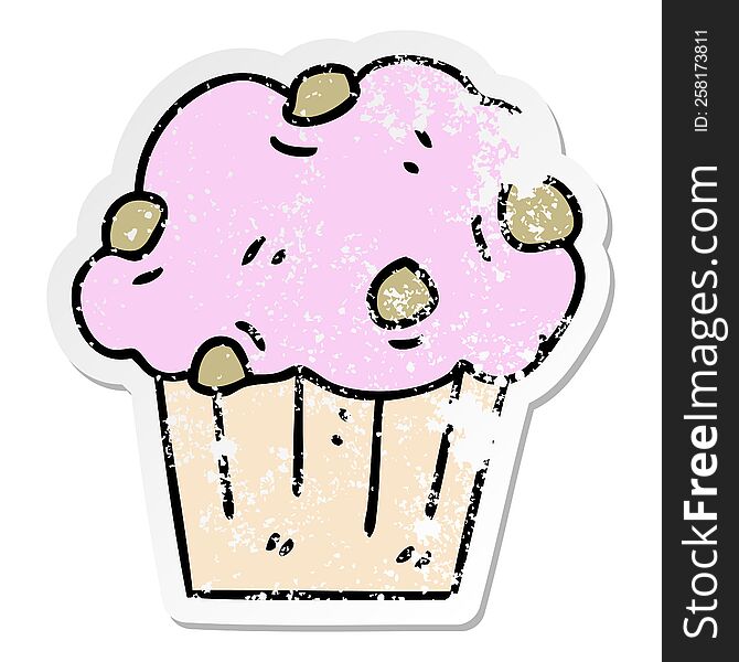 distressed sticker of a quirky hand drawn cartoon muffin cake