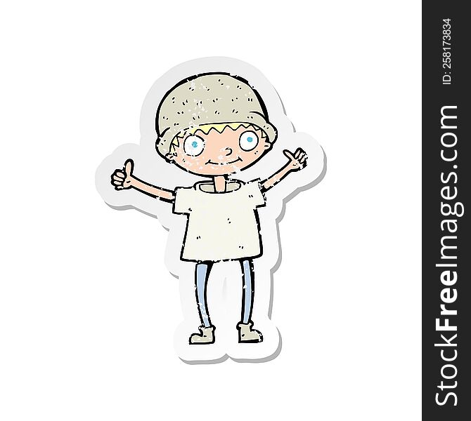 Retro Distressed Sticker Of A Cartoon Boy With Positive Attitude