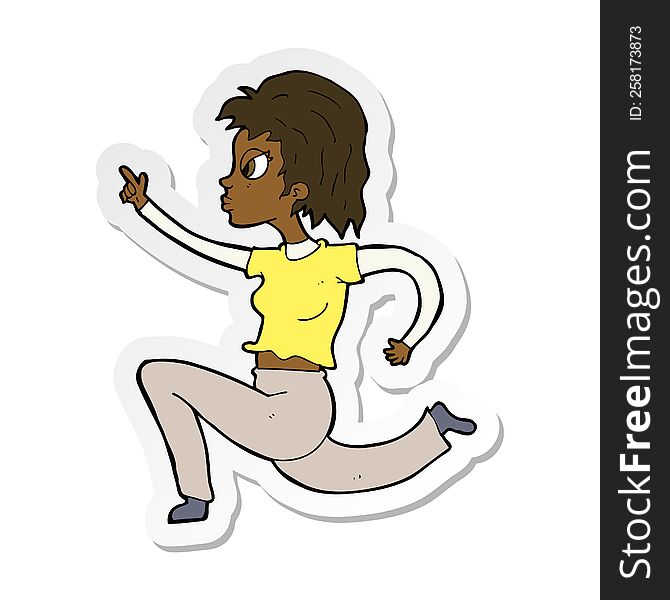 sticker of a cartoon woman running and pointing