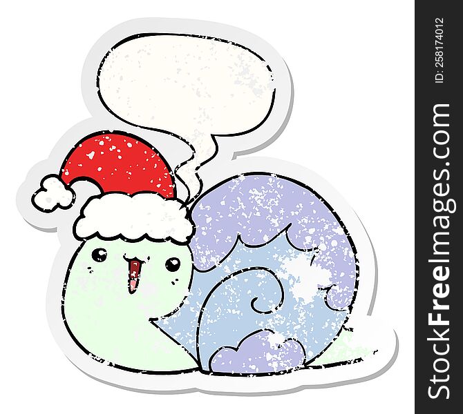 cute cartoon christmas snail with speech bubble distressed distressed old sticker. cute cartoon christmas snail with speech bubble distressed distressed old sticker