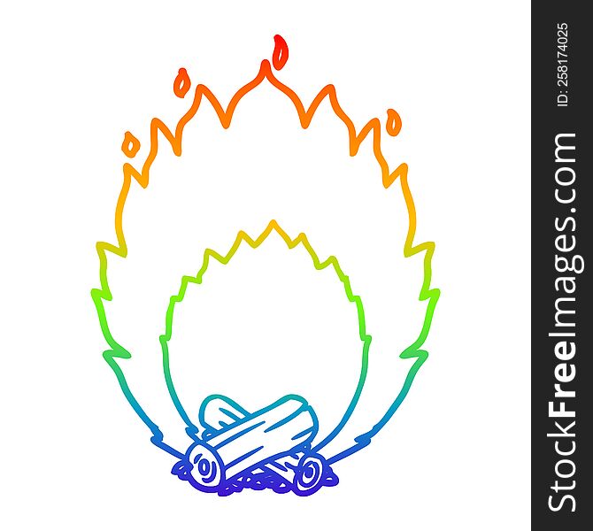 rainbow gradient line drawing of a cartoon blazing camp fire