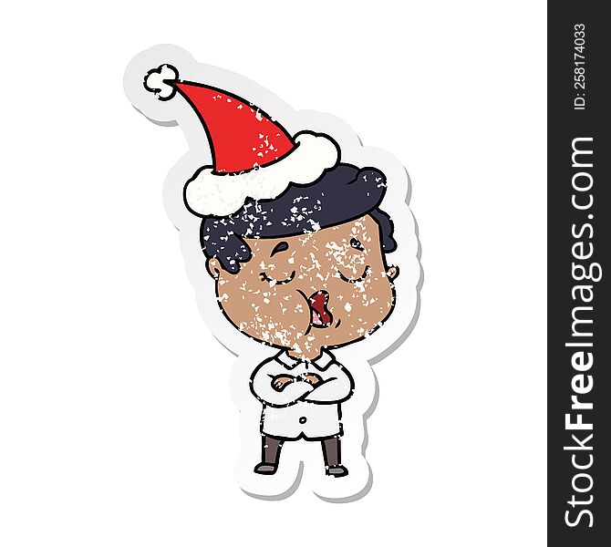 hand drawn distressed sticker cartoon of a man talking wearing santa hat