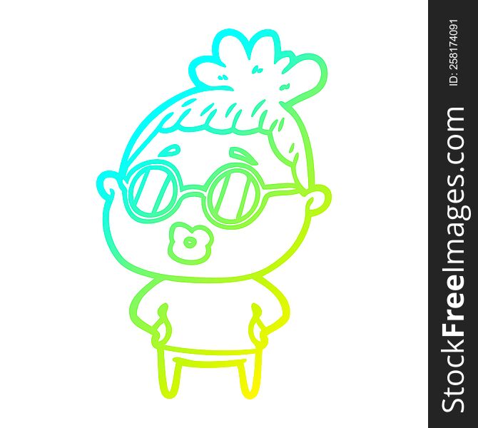 cold gradient line drawing of a cartoon librarian woman wearing spectacles