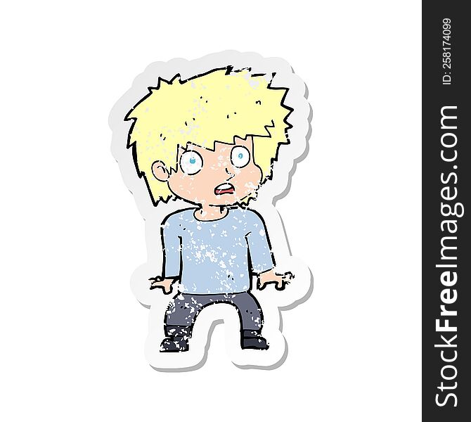 Retro Distressed Sticker Of A Cartoon Frightened Boy