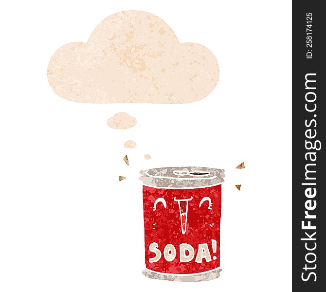 Cartoon Soda Can And Thought Bubble In Retro Textured Style