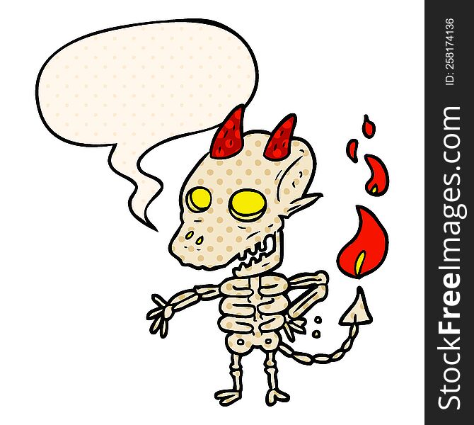 cartoon spooky skeleton demon with speech bubble in comic book style